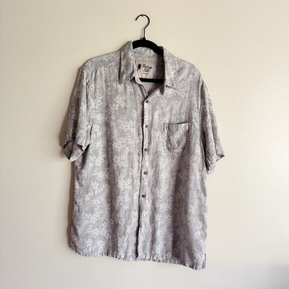 Vintage Silk Grey Cream Palm Print Short Sleeve Silk Linen Button Up Top - Large - Picture 1 of 6